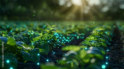 A field of green plants with glowing blue lights at their roots.