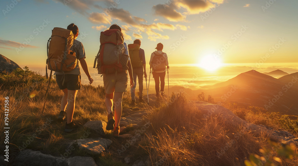 Obraz premium Friends going on a hike to watch the sunrise or sunset. Happiness, love, respect for each other, harmony