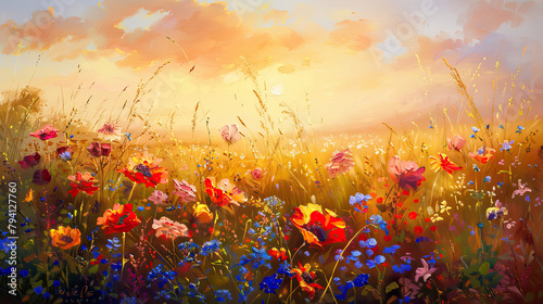beautiful wild flowers against the background of sunrise. flowering field painted with oil paints - Generated with AI