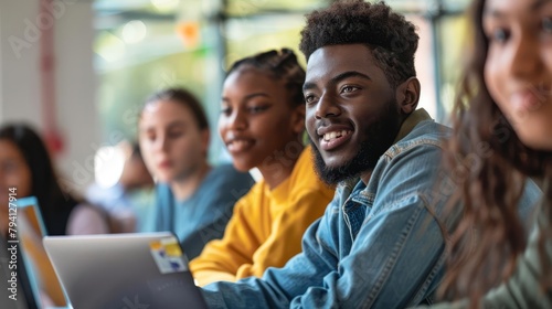 diverse male student coding on laptop with multiethnic classmates software development education digital illustration photo