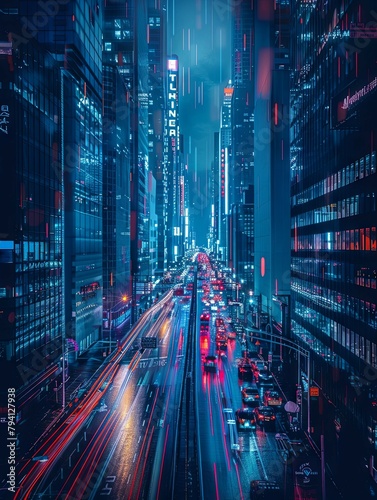 Futuristic Cityscape with Illuminating Skyscrapers and Dynamic Traffic Flow in a Vibrant Nighttime Metropolis photo