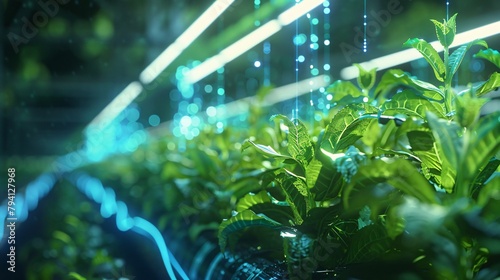 Close-up of a futuristic hydroponic farm with green plants growing in a nutrient-rich water solution under artificial lighting. photo