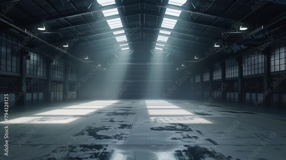 dramatic lighting in empty industrial warehouse interior 3d illustration