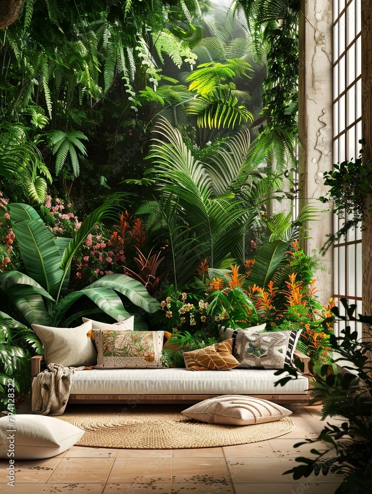 Lush Tropical Oasis with Plush Decor in Cozy Indoor Sanctuary