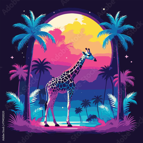 A Giraffe With Palm Trees and Retro Sun Vintage Colorful Retro Style