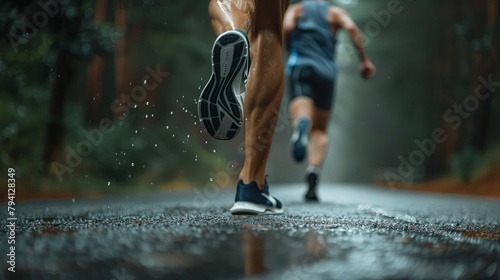 dynamic closeup of male runners legs in action during intense road race sports photography photo