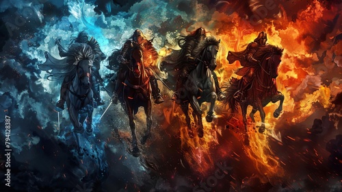 dynamic illustration of the four horsemen of the apocalypse in vivid colors and dramatic style photo