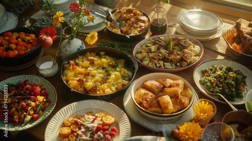 Friends hosting a potluck brunch  with a spread of sweet and savory dishes. Happiness  love  respect for each other  harmony