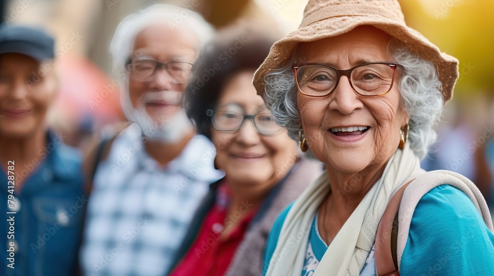 Fototapeta premium Portrait of a joyful elderly woman with glasses and a hat, smiling at the camera with a group of senior friends blurred in the background, conveying happiness and togetherness.