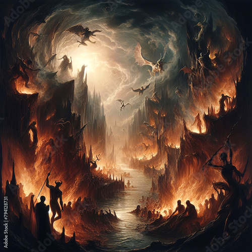 An image of hell with fire, grim rocks, dark clouds, and fantastical creatures photo