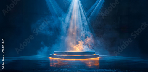 Dramatic stage with spotlight on circular steps in dark room