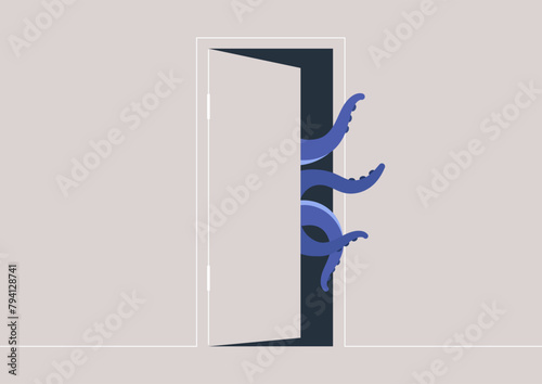 Mysterious Octopus Sneaking Through an Ajar Door, Tentacles of a sly sea creature peeking from a partly open doorway, hinting at a secret world beyond