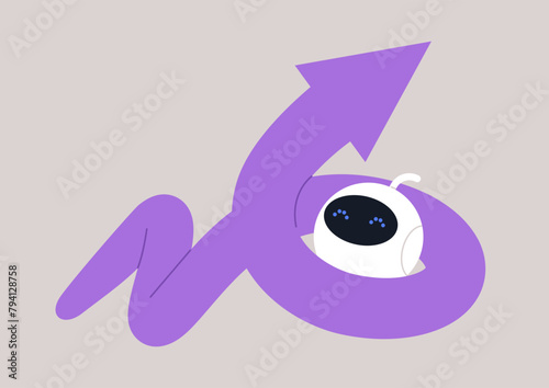 A whimsical round-shaped robot caught in a perpetual arrow loop