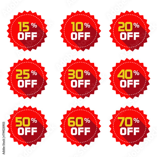 Sale tags set vector badges template, 10 off, 15 %, 20, 25, 30, 40, 50, 60, 70 percent off label symbols, discount promotion flat icon with long shadow, clearance sale sticker emblem red rosette