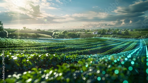 Green hills of tea plantation smart farm under sunset photo