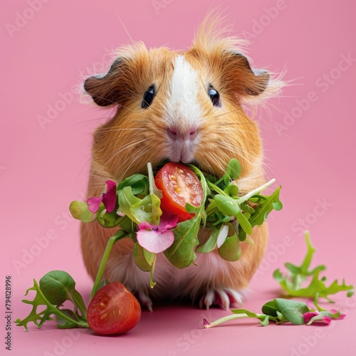 Hamster eating lettuce and tomatoes photo