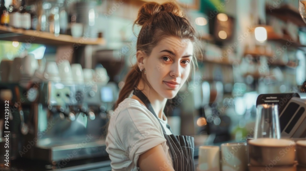 Portrait of a beautiful woman with an apron, a waitress at a daytime cafe, smiling at the camera in high resolution and high quality. waitress concept, attention
