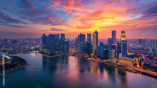 Breathtaking cityscape at sunrise with vibrant sky, modern skyscrapers, and calm river reflecting urban lights.