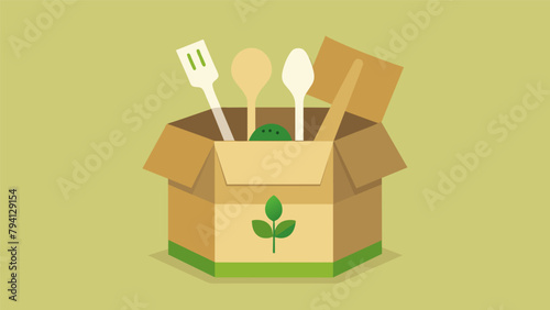 A box made from recycled cardboard and printed with soybased ink houses a set of reusable bamboo utensils. photo