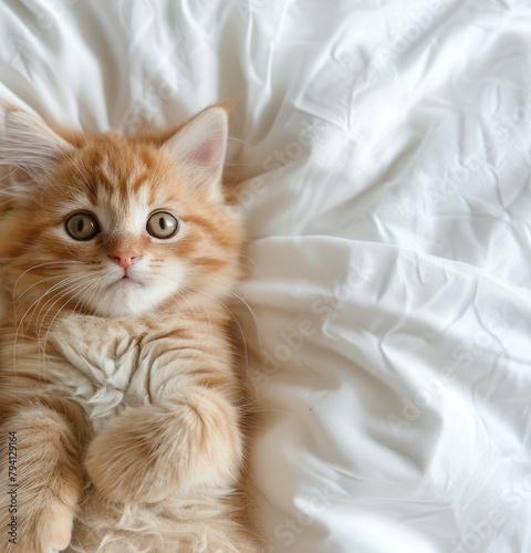 Small orange kitten resting on bed