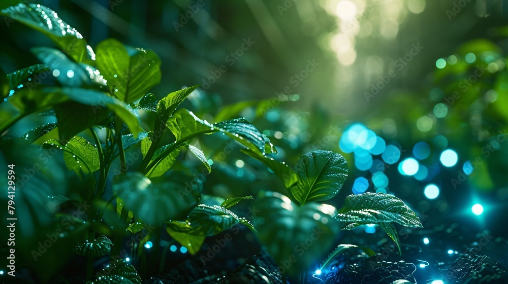 Illustration of green leaves with water drops and blurred blue lights in the background. Illustration of green leaves with water drops and blurred blue lights in the background.