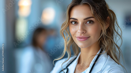 Portrait of beautiful young Caucasian female doctor happy smiling brown hair