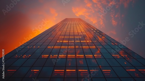 A tall building with a glass facade is lit up with orange and red hues. The sky is cloudy and the sun is setting  creating a warm and inviting atmosphere