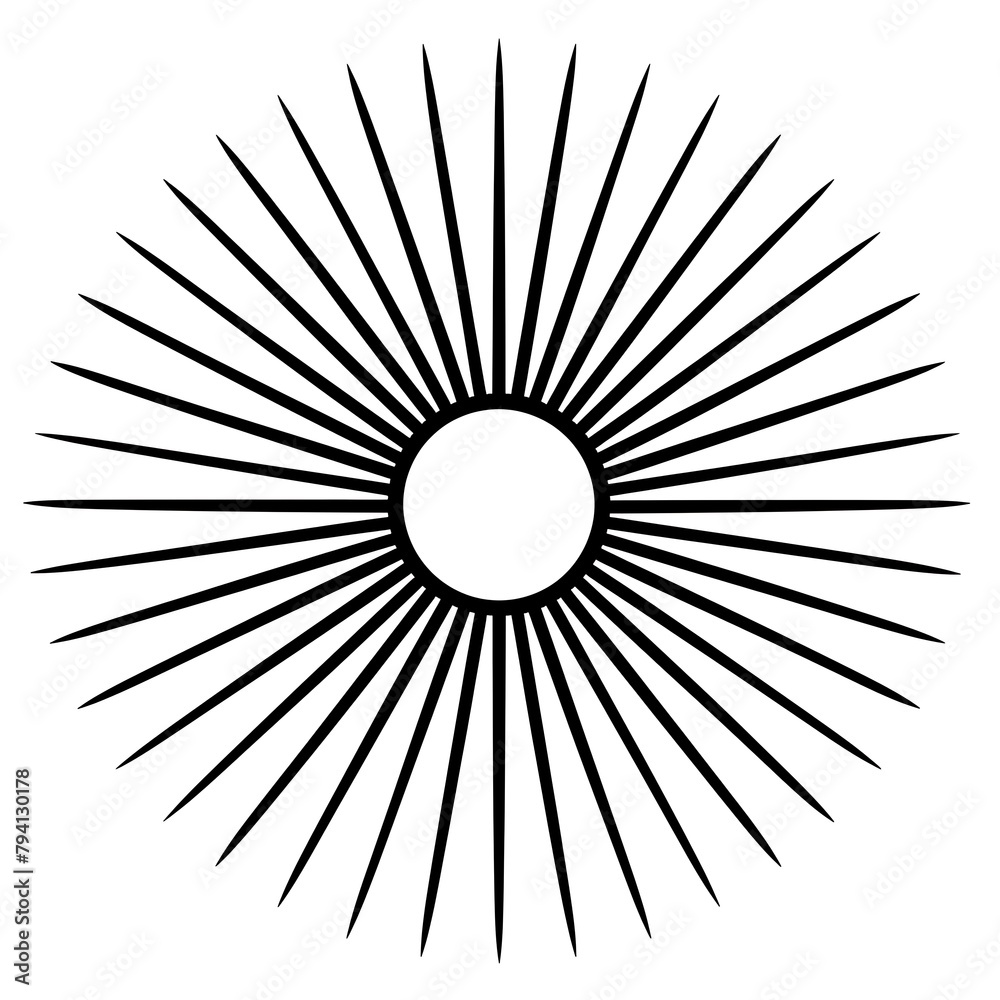 A black and white vector design featuring an array of straight lines arranged in the shape of radiating sun rays, centered on a pure white background. A black and white vector design featuring an array of straight lines arranged in the shape of radiating sun rays, centered on a pure white background.