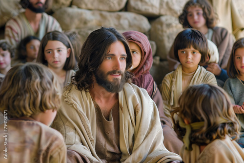 Smiling Jesus Christ talks kindly to children