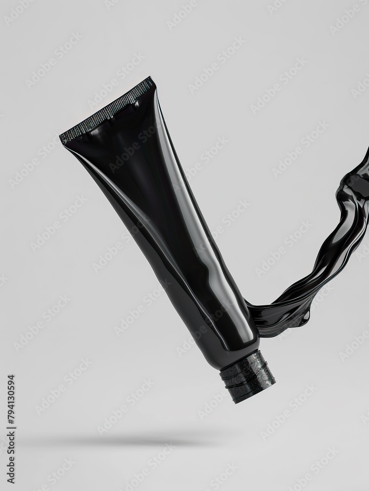 Black tube of paint floating with black paint splash Black tube of paint floating with black paint splash