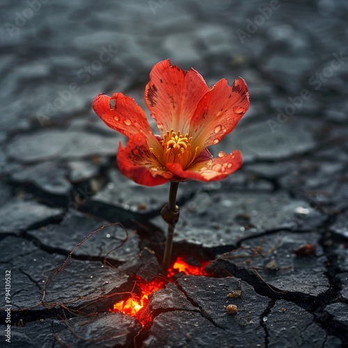 A flower growing out of a crack in the scorched earth.