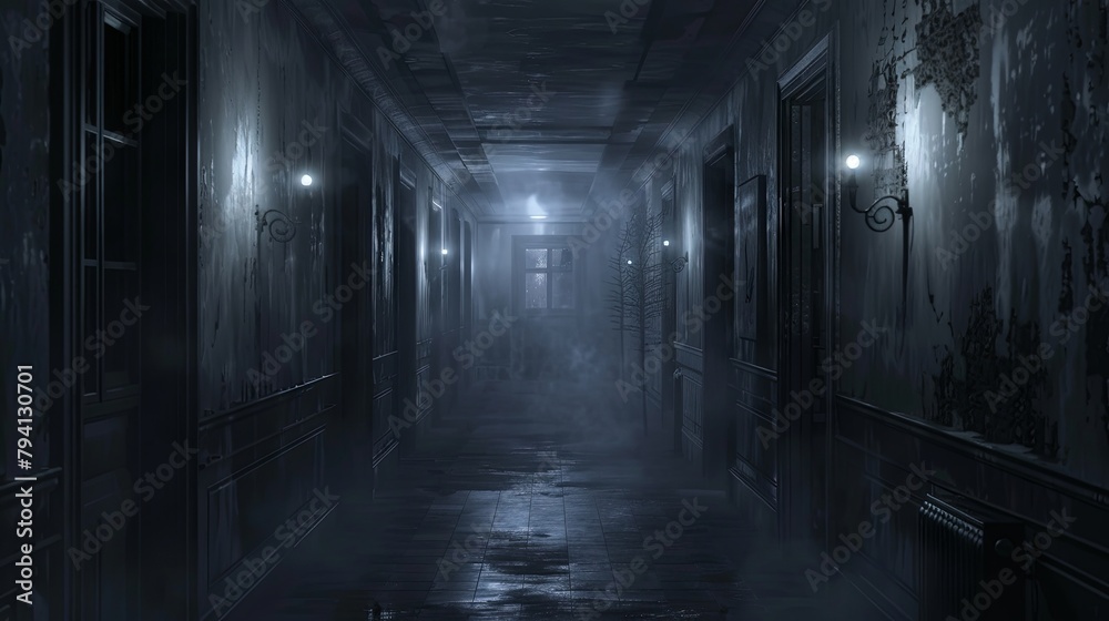 Mysterious dark corridor with dim lights and eerie atmosphere
