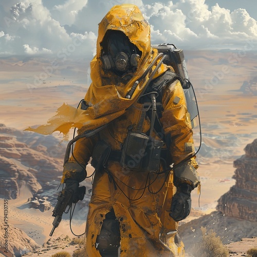 A post-apocalyptic wasteland wanderer in a yellow hazmat suit