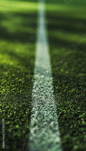 Close up of white line marking on green turf of soccer field photo