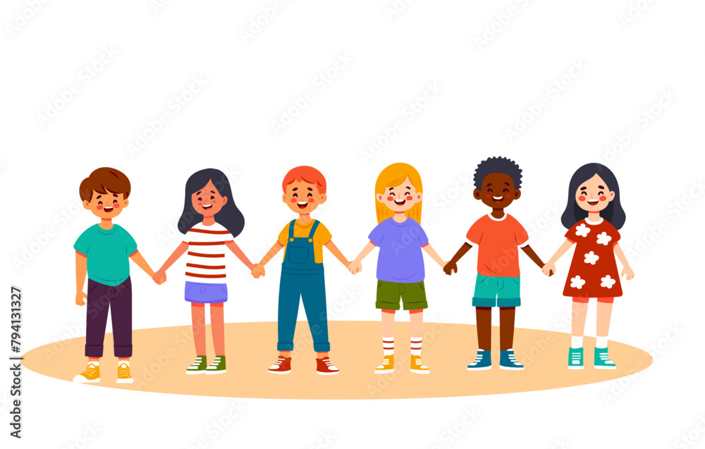 Multicultural boys and girls holding hands. Happy children together. Multicultural boys and girls holding hands. Happy children together.