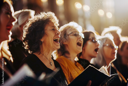 Illuminated by the bright sun, women sing in the church choir