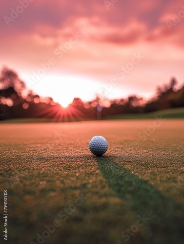 Golf ball on green fairway at sunset