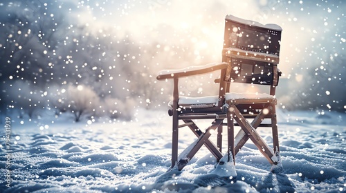 A wooden director's chair sits in the middle of a snowy field. photo