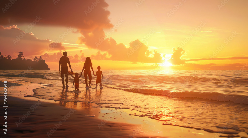 An intimate moment as a family stands by the ocean edge, captivated by the rich colors of the setting sun reflecting on the water