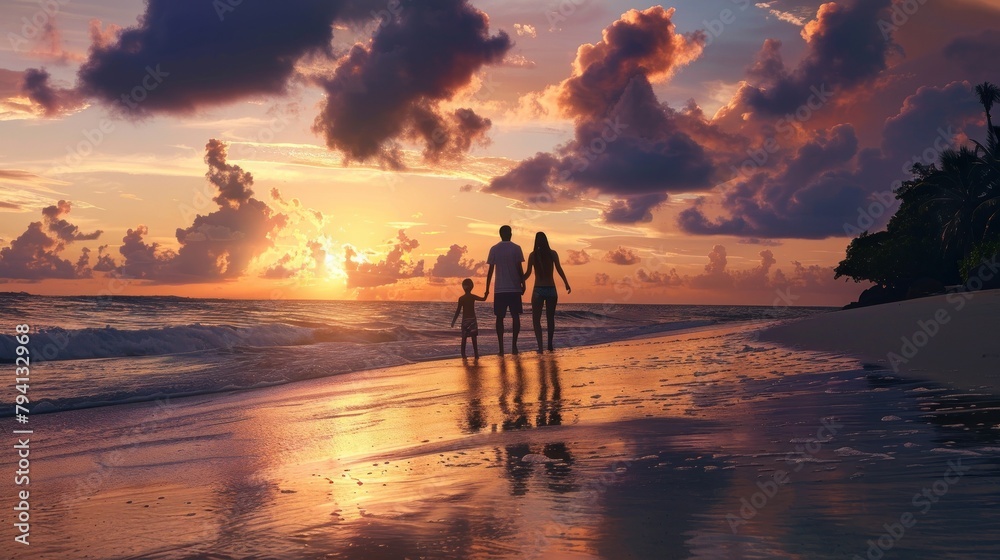 A trio walks along a tropical beach during sunset, palm trees silhouette in the background