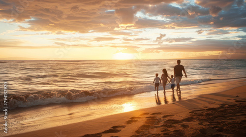 A family's silhouette against the sunset, with children running along the ocean's edge, embracing the joy of a beach evening