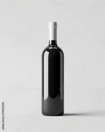 A black glass bottle of wine with a white bottle stopper sitting on a white background. The fluid within is elegantly encased in a cylindershaped container