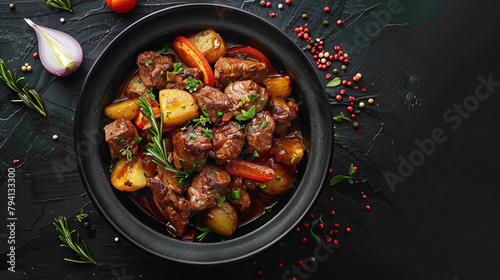Beef meat and vegetables stew in black bowl with roasted baby potatoes, Dark background, Copy space, Top view