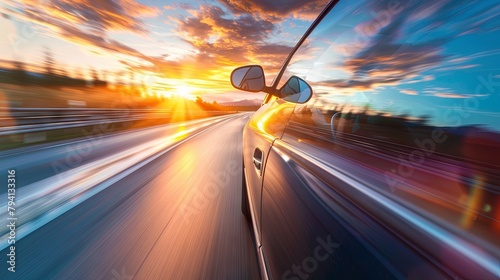 Sunset drive on a highway with colorful sky and motion blur