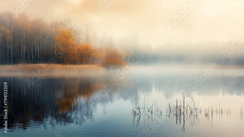 Tranquil autumn lake scene with mist and colorful foliage