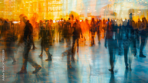 Abstract portrayal of quick moving attendees in a convention center their forms blurred in the hustle of the event