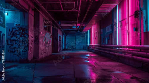Forsaken industrial interior lit by striking neon lights in pink and blue enhanced with expressive street art