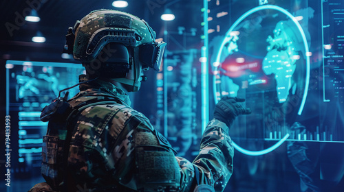 Futuristic soldier in tactical gear manipulating holographic data screens to strategize on the modern battlefield