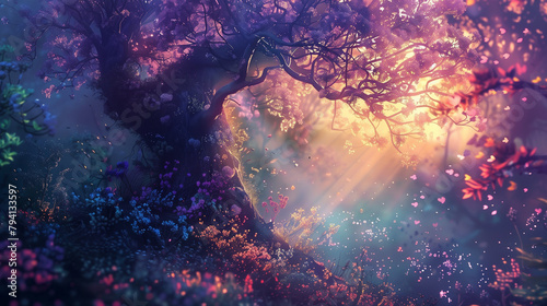 Beautiful fantasy landscape with old tree and rays of light. 3d rendering © Vitalii