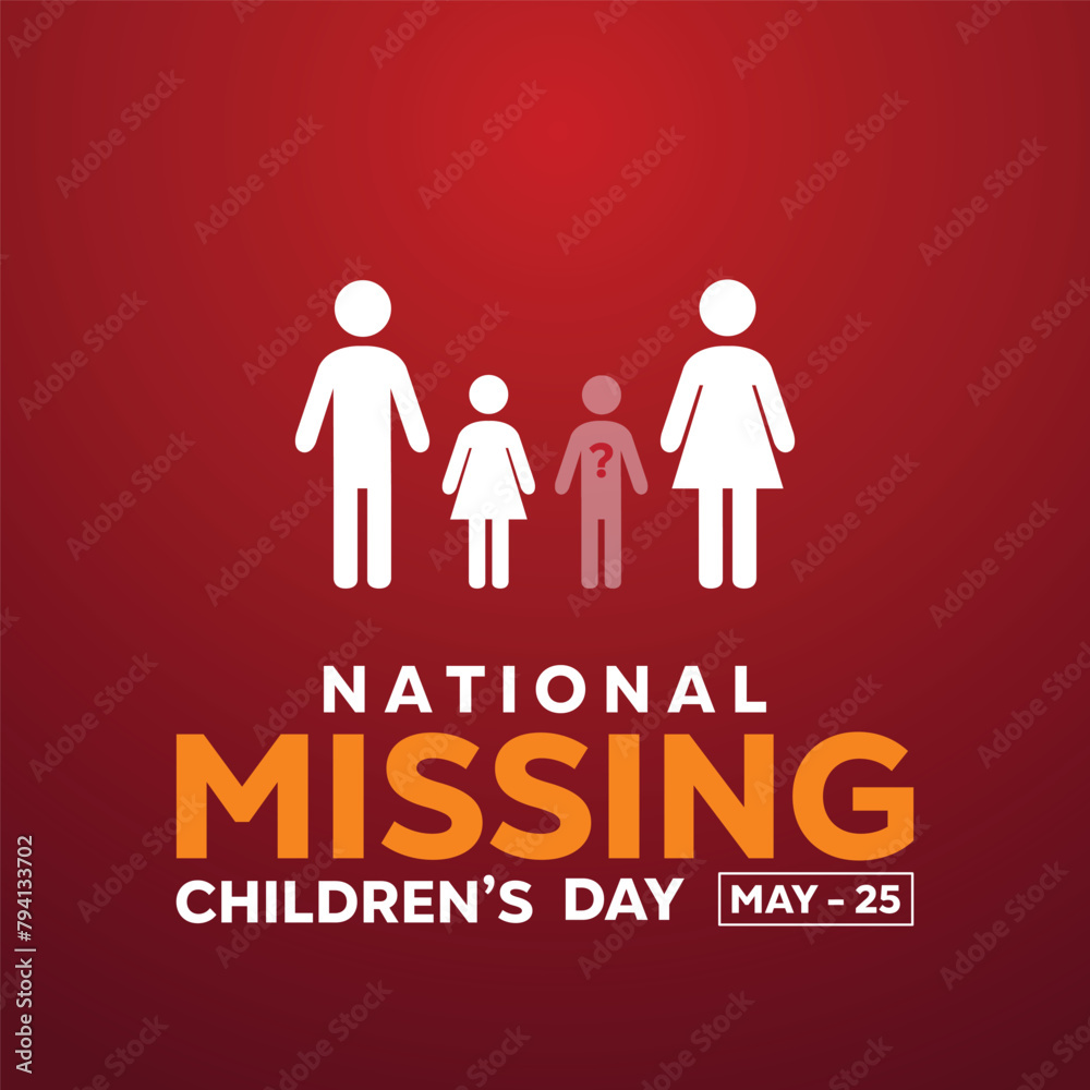 National Missing Childrens Day. People icon and question mark. Great for cards, banners, posters, social media and more. Red background.
National Missing Childrens Day. People icon and question mark. Great for cards, banners, posters, social media and more. Red background.